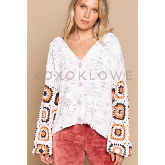 POL Ivory Crochet Sleeve CardiganGranny Square Fall Knit